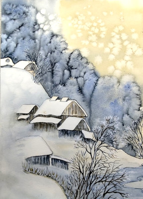 Watercolor Original Painting 8x11in Blue Winter Landscape New Year Gift Idea