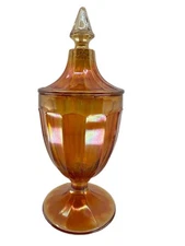 Vintage Indiana Glass Marigold Footed Covered Compote/Candy Dish Carnival Glass 