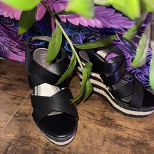 Women’s Black Platform Wedge Sandals Espadrille Striped Sole Size 8 New In Box