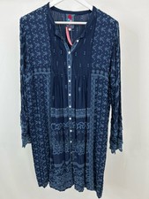 JOHNNY WAS Asheena Shift Boho Embroidered Pleats Size L Navy Women Dress
