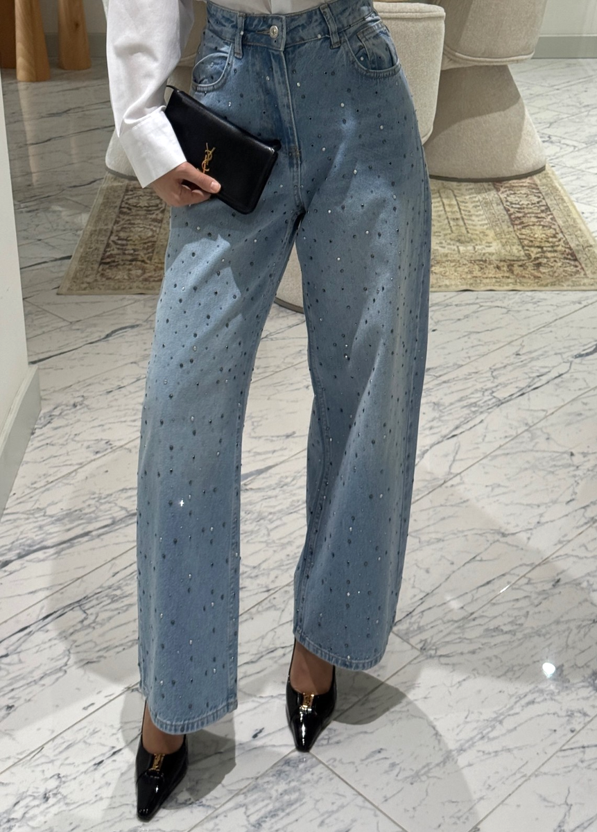 Zara TRF Baggy Jeans With Rhinestone Jewels Blue Size UK6 UK10