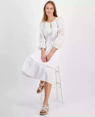 /LX042/ Style & Co Petite Cotton Embroidered Ladder-Trim Midi Dress White Sz PS