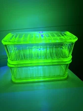 Uranium Green Depression Glass Vintage Refrigerator Dishes - TWO with Lids