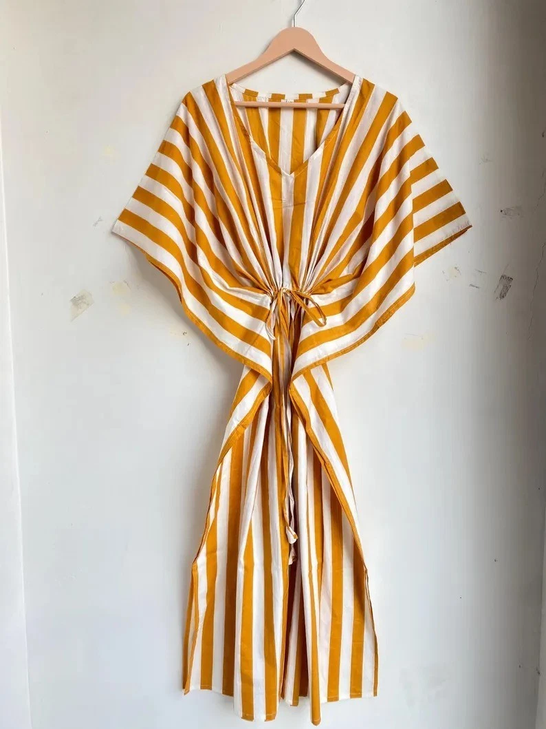 Indian Cotton White & Yellow Striped Kaftan Dress Women's Clothing Kaftan Dress