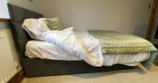 Single Bed Frame Grey Upholstered Velvet, Padded Headboard, Wood & Fabric