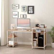 Homcom Computer Table With Shelves Home Office Desk Adjustable Feet Wood Grain