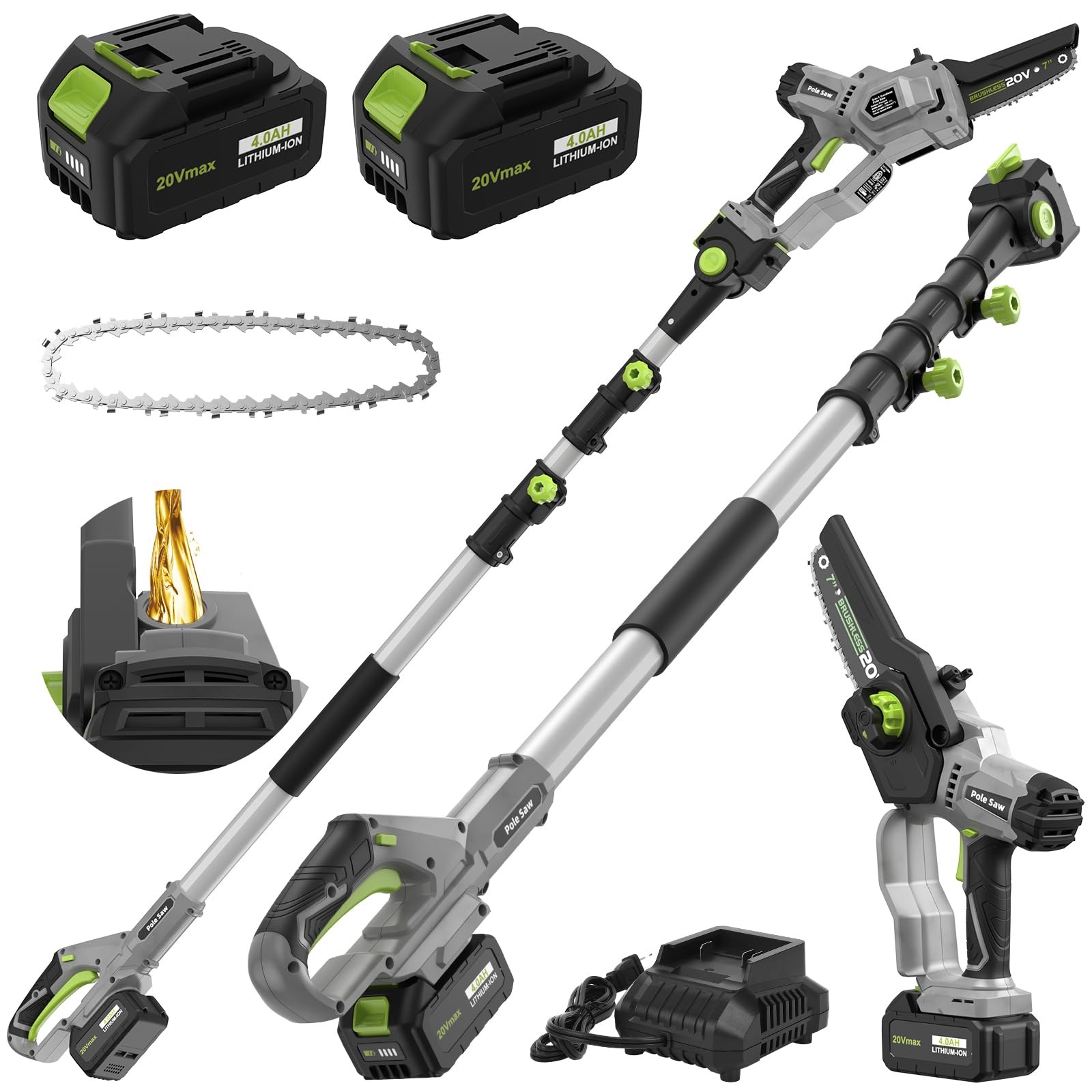 2025 Upgraded 2-in-1 Cordless Pole Saw with 7 Inch Brushless Mini Chainsaw