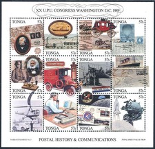 Tonga 730 sheet, MNH. Mi 1102-1113 Bl.15. 20th UPU Congress. Communications.1989