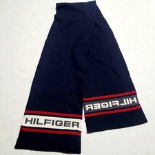 Tommy Hilfiger Wool Logo Spellout Acrylic Navy Blue Red Scarf 58in x 9in EUC