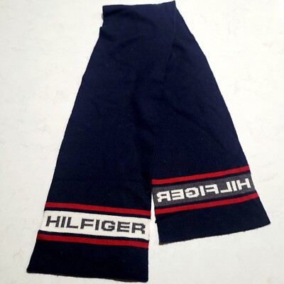 Tommy Hilfiger Wool Logo Spellout Acrylic Navy Blue & Red Scarf 58in x 9in EUC