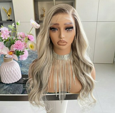 Golden Blonde Wig HD Front Lace Human Hair Blend Highlights  Wavy Curly Layers