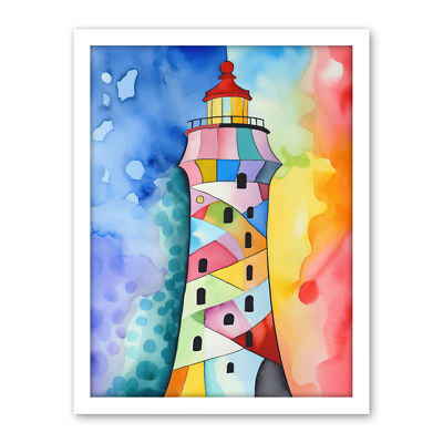Lighthouse Concept Rainbow Colour Sky Folk Art Framed Art Picture Print 18X24