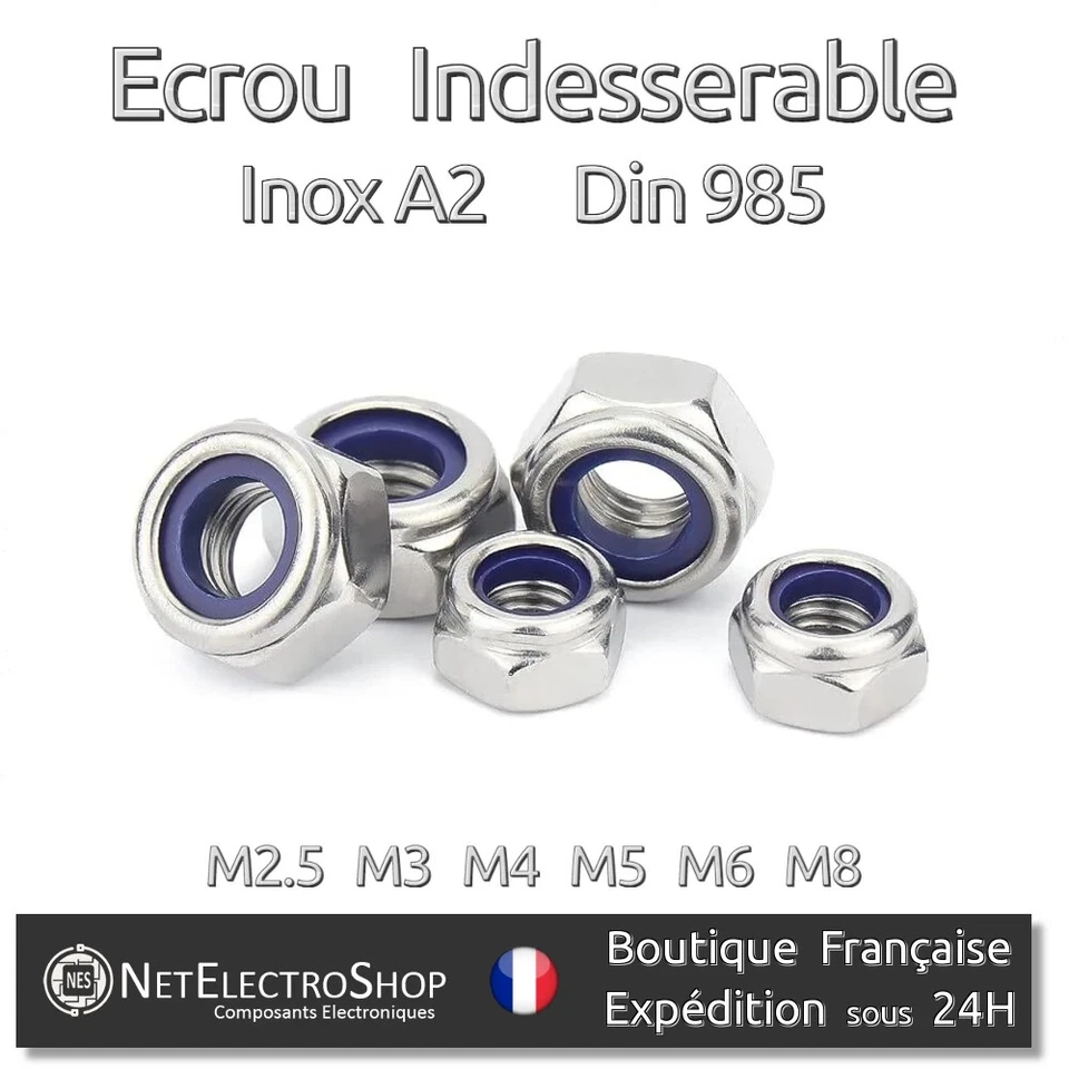 Ecrou Frein, Indésserable, Nylstop Lock, Inox A2, DIN 985, M2.5 à M8, 5 à 50 pcs