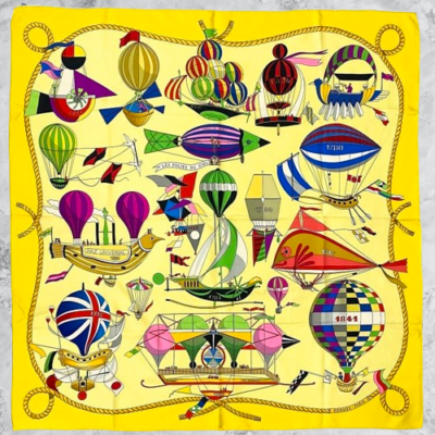 HERMES Carre 90 Silk Scarf LES FOLIES DU CIEL Yellow Japan [Used