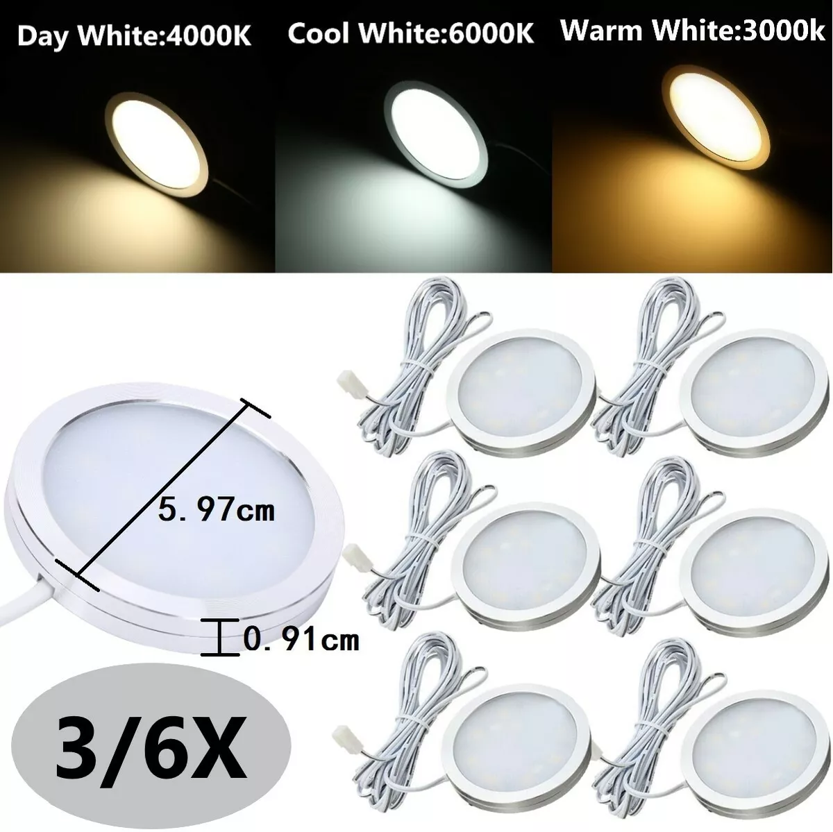 LED Under Cabinet Lights Kit LED Kitchen Counter Closet Puck Display Lamp 3 6PCS