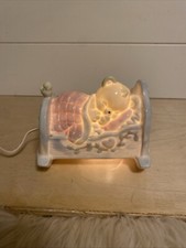 Vintage Nite Light Enesco 5" Ceramic Nursery Lamp Baby Bear Bird Bed Cradle E.C.