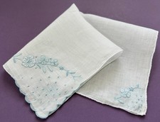 VINTAGE HANKY MADEIRA PORTUGAL IRISH LINEN BLUE FLORAL EMBROIDERY HAND ROLLED