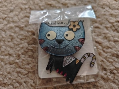 2x Whimsical Cat Brooch Pin Blue w/Multi Colored Features