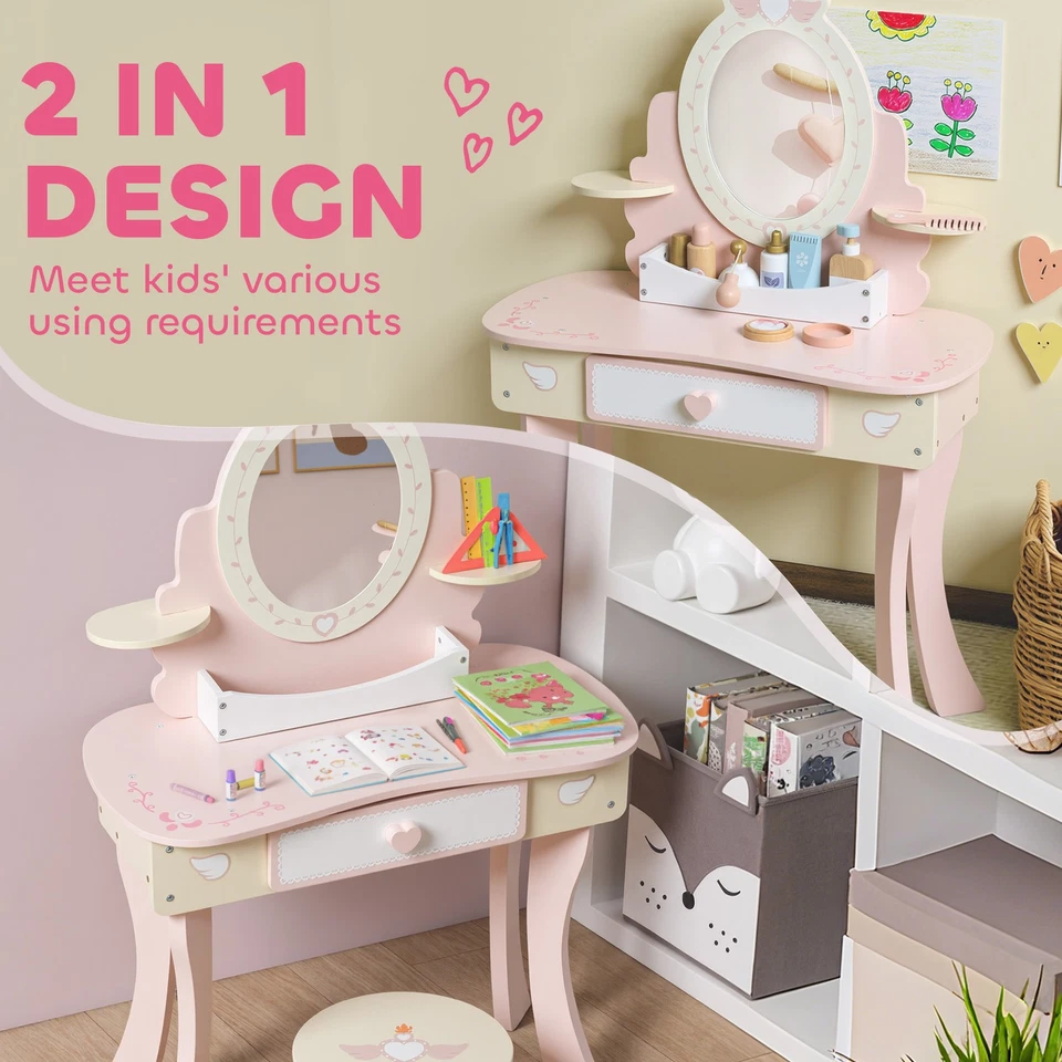 Qaba Kids Vanity Set, Dressing Table with Mirror and Stool, 7 Accessories Foto 3 de 4