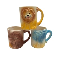 3 Vintage J.S.N.Y Children's Mugs Ostrich Monkey Lion Taiwan Zoo Animal Novelty