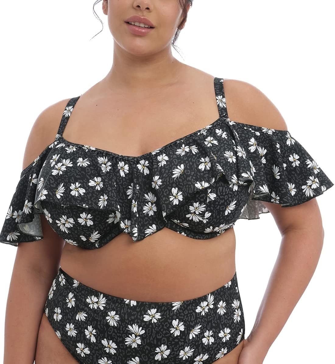 ELOMI PLAIN SAILING BLACK DAISY UNDERWIRE BARDOT BIKINI TOP 34GG
