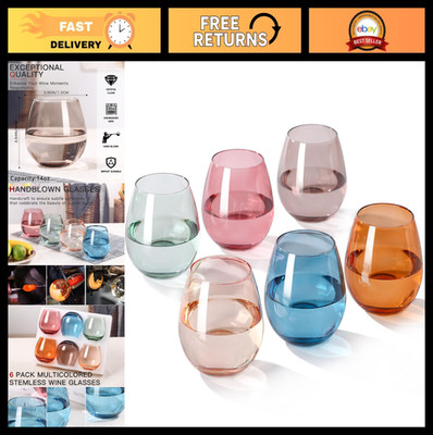 Set of 6 Hand-Blown Colored Stemless Wine Glasses - 15 oz Crystal Drinkware, Uni