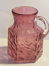 Vtg Pilgrim Glass Cranberry Pitcher - Pebbled/Rippled - Hexagonal/Clear Handle