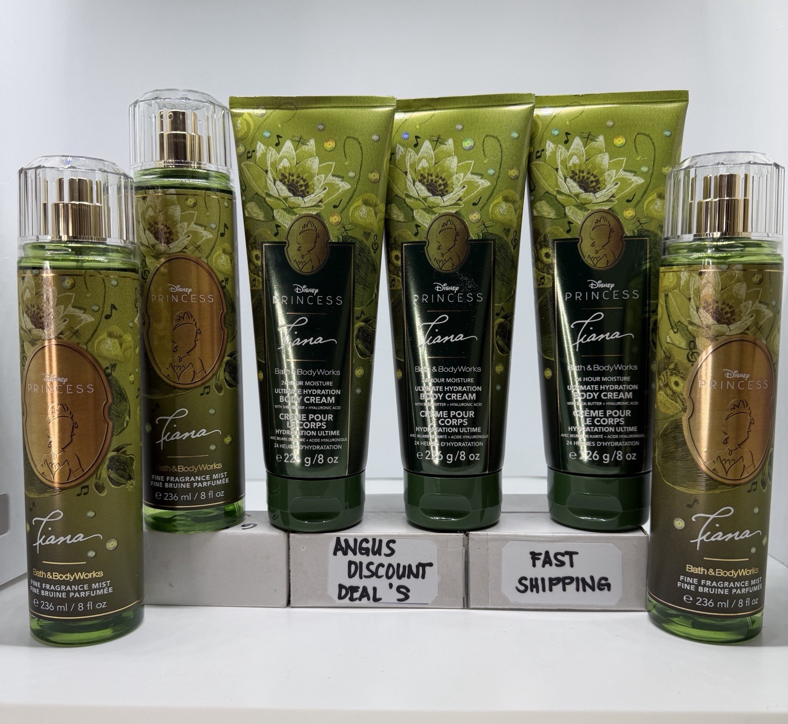 Bath & Body Works  DISNEY PRINCESS TIANA 3 Mist & 3 Hydrating Body Cream,  6 Pcs