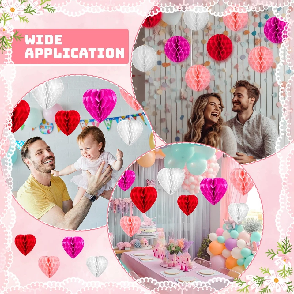 48 peças bolas de favo de mel dos namorados papel tecido bolas de flores decoração em forma de coração - Imagem 4 de 4