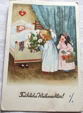 alte Weihnachtskarte Engel beobachten schlafendes Kind  Reiher Künstlerkarte