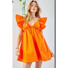 FABRIK Women Small Orange Ruffle Sleeve Mini Dress Feminine Silhouette Summer