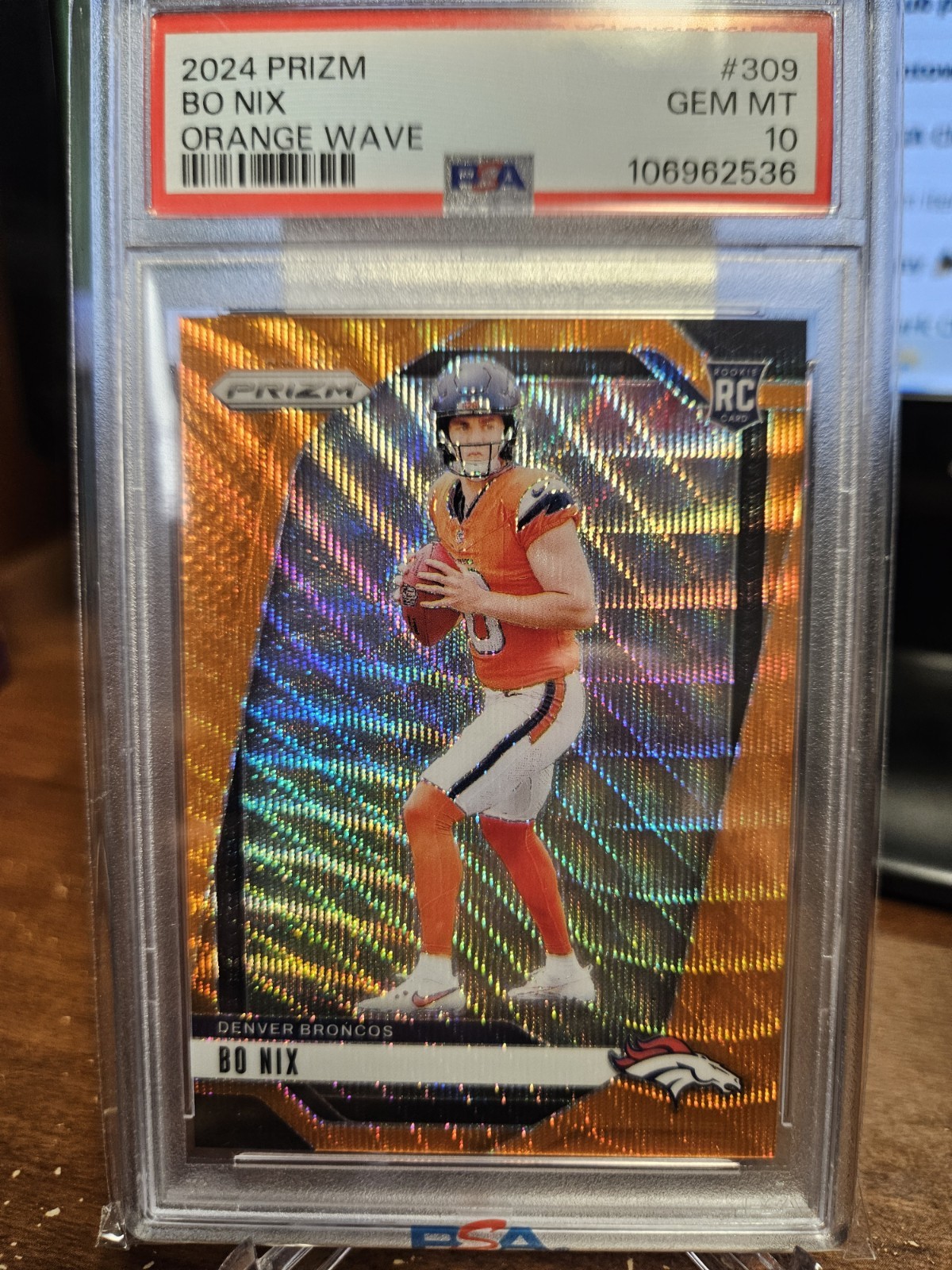 2024 Panini Prizm Bo Nix Orange Wave /60 Broncos RC #309 Rookie PSA 10