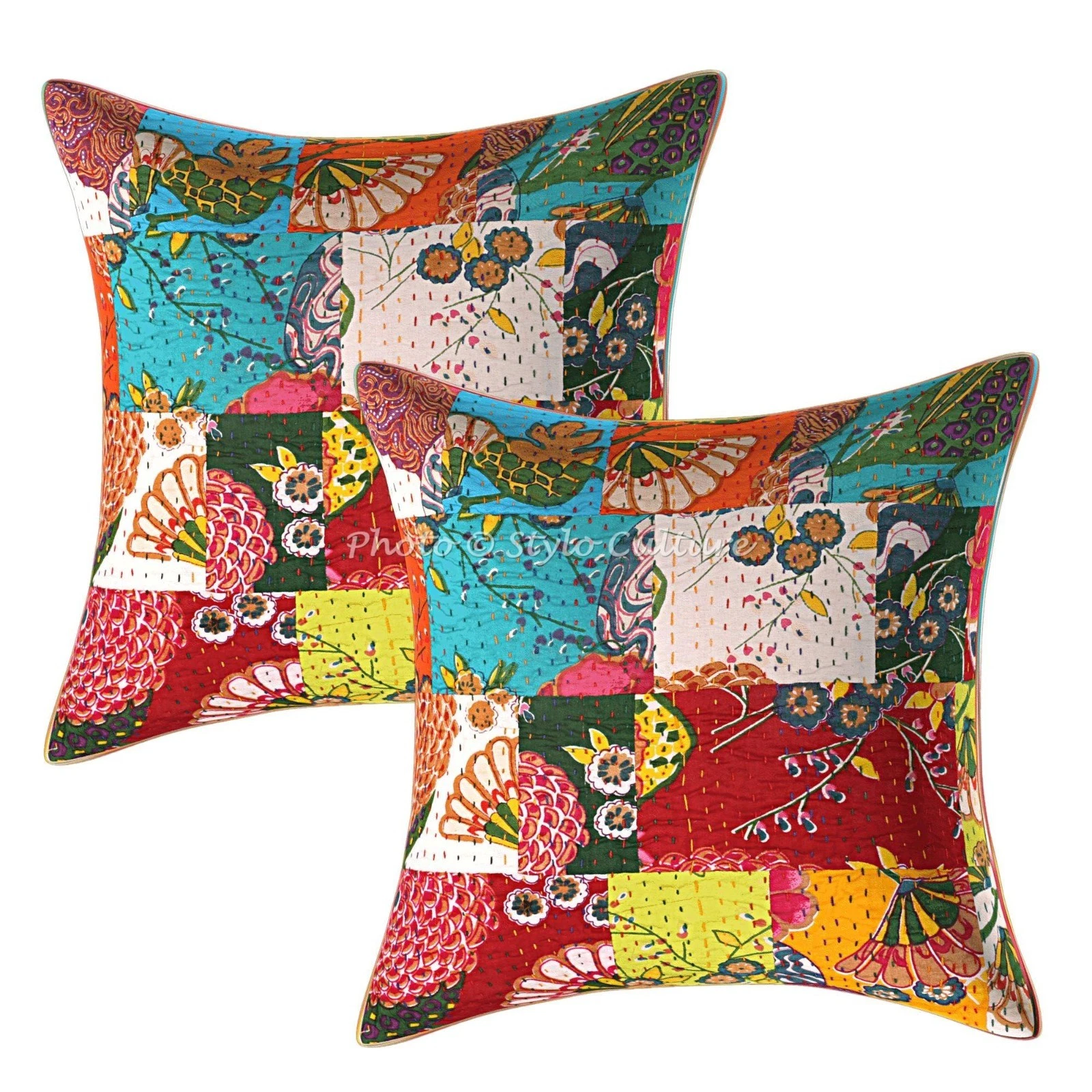 Ethnic Cotton Throw Pillow Covers Kantha Patchwork 40x40 cm Tropicana Home Decor