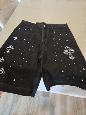Genuine Black Denim Bermuda Shorts Men Cross Pearl Accents Distressed Hem Print
