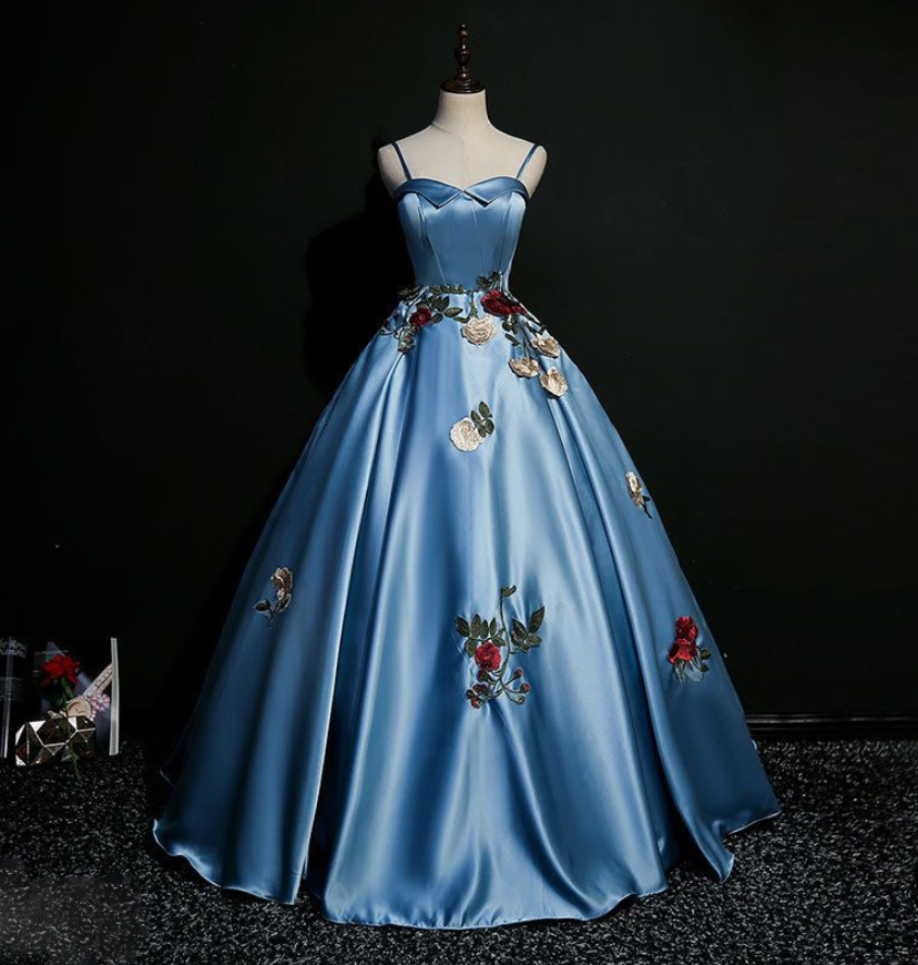 Princess Blue Satin Wedding Dresses with Straps Red Roses A Line Bridal  Gowns