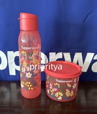 Tupperware Pretty Blooms ECO Water 500ml Bottle Mini Canister Set of 2 Red New