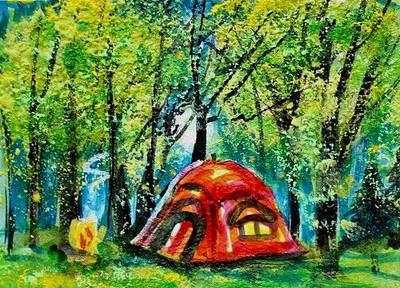 ORIGINAL ACEO Painting CAMPING Summer Tree Fireflies Night Stars Fun ATC ART