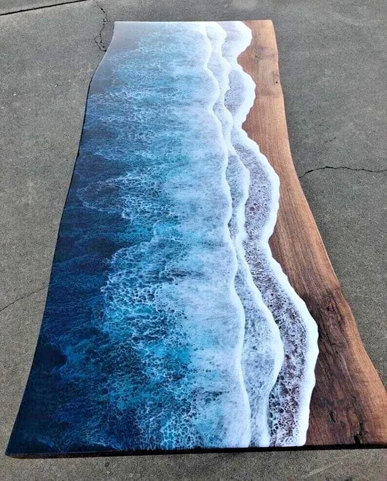 Ocean Blue Epoxy River Table Top for Kitchen Dining Resin Art