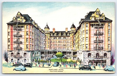 OR Portland, Portland Hotel, Artist's Rendering, Busy Scene, Old Cars, DB Unp