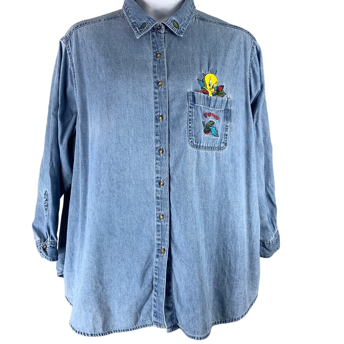 Vintage Denim Shirt Sz 2X Embroidered Tweety Bird Button