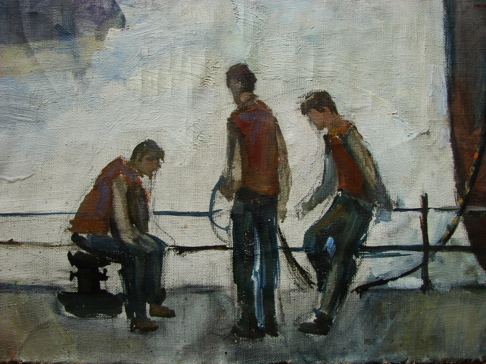 Pintura a óleo soviética ucraniana impressionismo industrial paisagem marítima navios trabalhadores - Imagem 4 de 4