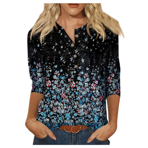 3/4 Length Sleeve Womens Tops Casual Loose Fit V-neck Shirts Floral Tunic Tops - Picture 15 of 51