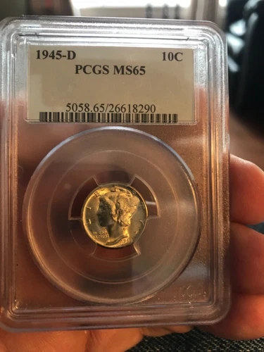 Certified. 1945-d  Mercury dime, PCGS ms65 scarce