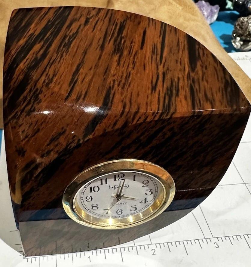 OBSIDIAN BROWN & BLACK NATURAL STONE QUARTZ DESK CLOCK - Image 2 of 4