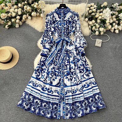unway Red Blue And White Porcelain Print Holiday Maxi Dress Women's Stand  Single | eBay