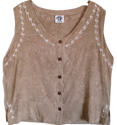Button Blouse, Sleeveless, Silver Or Gold Embroidery, Tan, Soft Tie Dye, Size MD