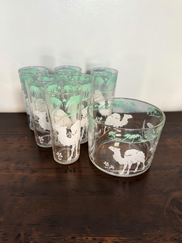 Hazel Atlas Camel Ice Bucket And 5 Glasses Palm Trees