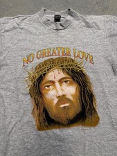 Vintage No Greater Love Jesus Graphic T Shirt Mens Large Gray USA Made Religious