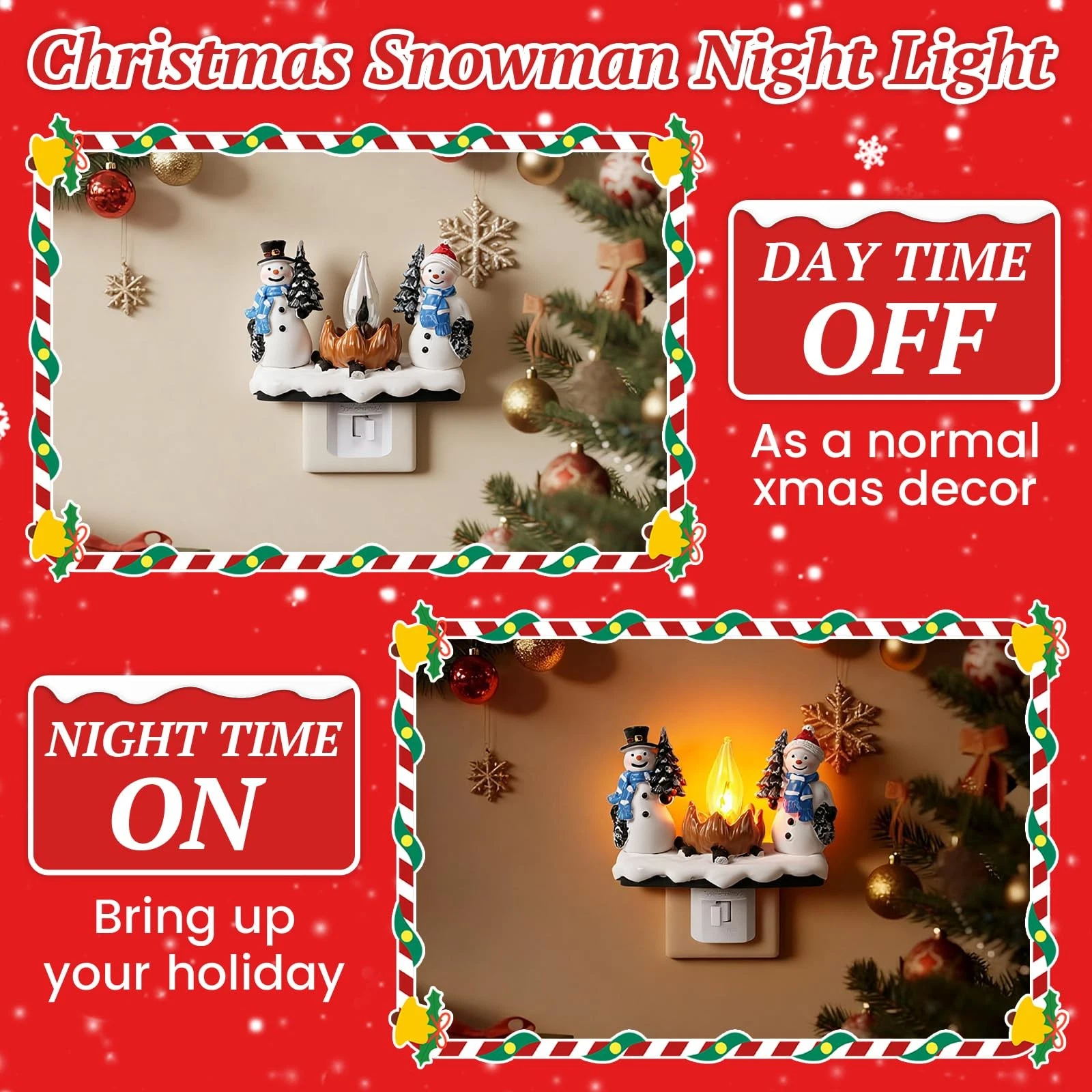 Snowman Campfire Night Light Christmas Flickering Night Light Plug in Christm... - Picture 3 of 7