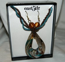 Beaded Turquoise Brown Glass Pendant Necklace Earrings Set NEW